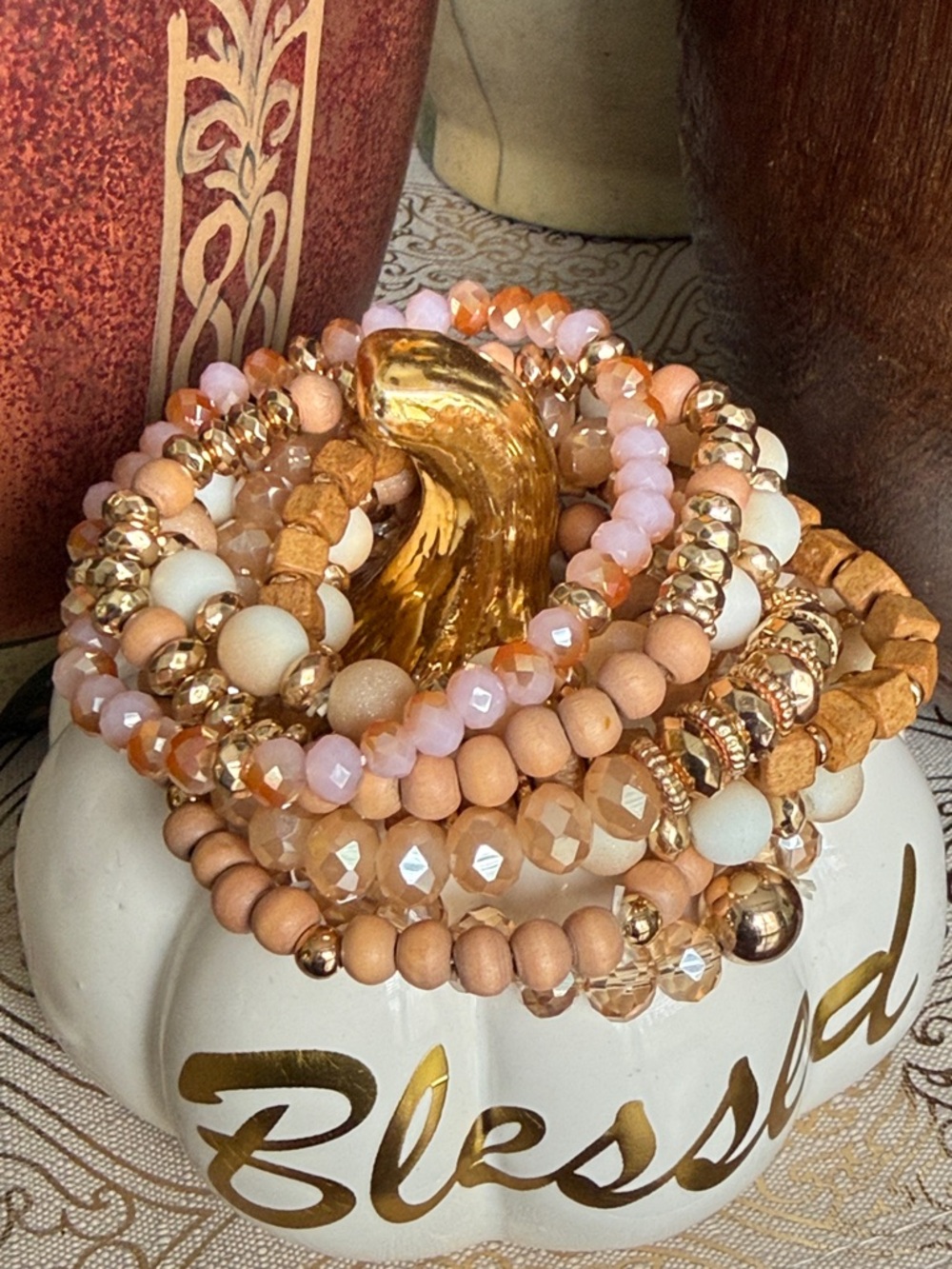Neutral Multi-Stack Beaded Bracelet Set - Gold Accent - Picture 4 of 5
